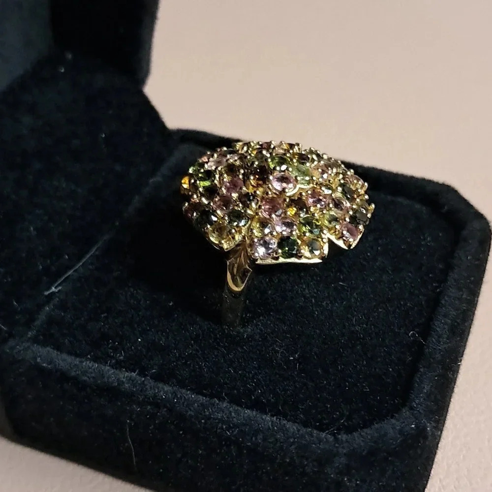 Multi-Tourmaline Floral Ring In 14k YG Vermeil Over 925 Sterling Silver - Picture 5 of 9